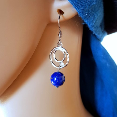 Boucle d'oreille rond avec strass, perle en verre, bleu foncé tacheté, crochet en métal acier inoxydable argenté
