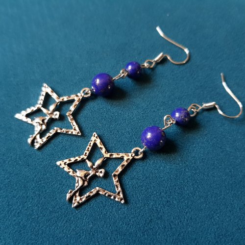 Boucle d'oreille étoile, fée, perle en verre , bleu foncé tacheté, crochet en métal acier inoxydable argenté