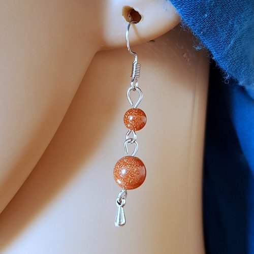 Boucle d'oreille perle en verre, orange foncé pailleté, crochet en métal acier inoxydable argenté