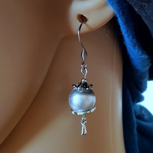 Boucle d'oreille perles en bois argenté, crochet en métal acier inoxydable argenté