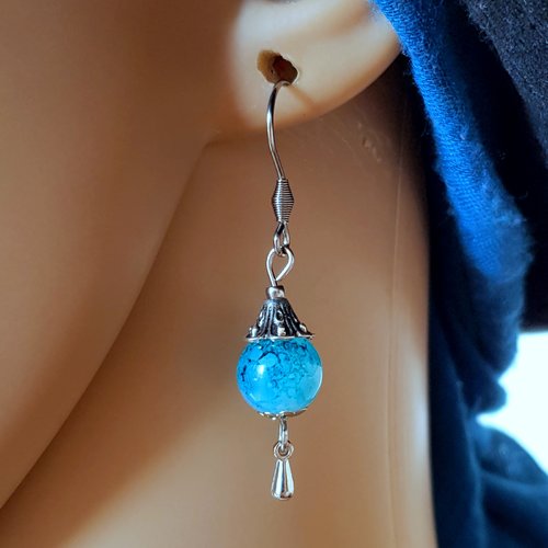 Boucle d'oreille perles en verre bleu marbré, crochet en métal acier inoxydable argenté