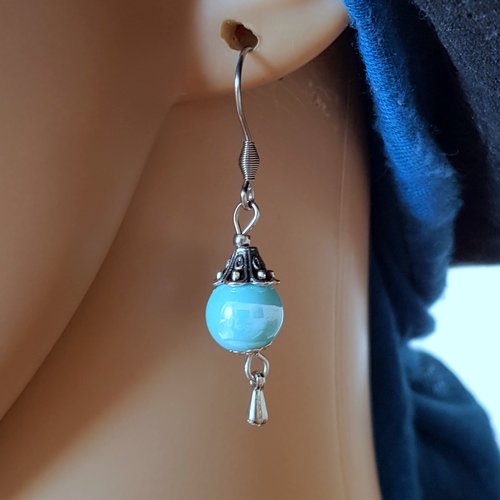 Boucle d'oreille perles en acrylique bleu, crochet en métal acier inoxydable argenté