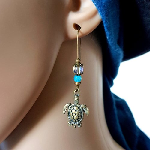 Boucle d'oreille tortue, perles en verre bleu, transparente, métal bronze