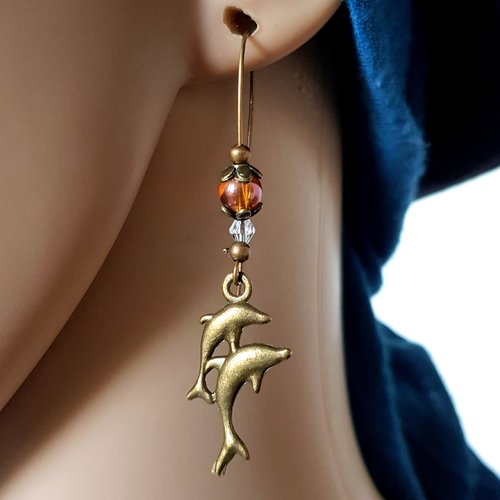 Boucle d'oreille dauphin, perles en verre orange, transparent, métal bronze