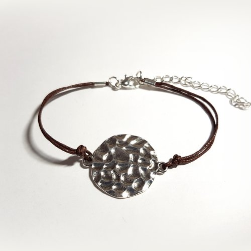 Bracelet en coton ciré marron, connecteur rond, fermoir, chaîne d’extension en métal  argenté clair