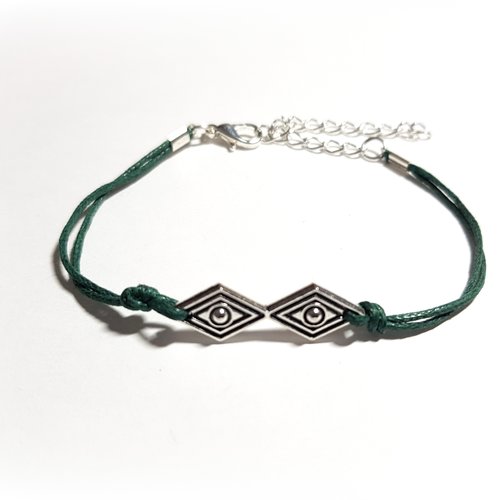 Bracelet en coton ciré vert foncé, connecteur losange, fermoir, chaîne d’extension en métal argenté clair
