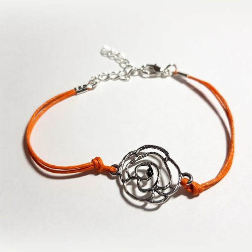 Bracelet en coton ciré orange, connecteur fleur, fermoir, chaîne d’extension en métal  argenté clair
