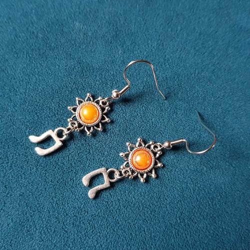 Boucle d'oreille notes de musique, soleil, cabochon orange, crochet en métal acier inoxydable argenté
