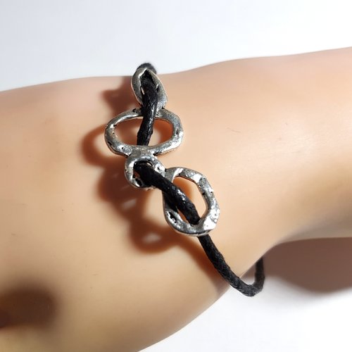 Bracelet en coton ciré noir, connecteur, fermoir, chaîne d’extension en métal argenté