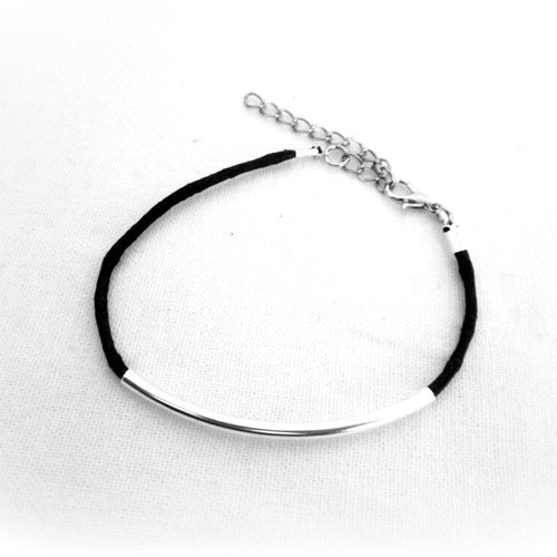 Bracelet en coton ciré noir, perle tube, fermoir, chaîne d’extension en métal argenté