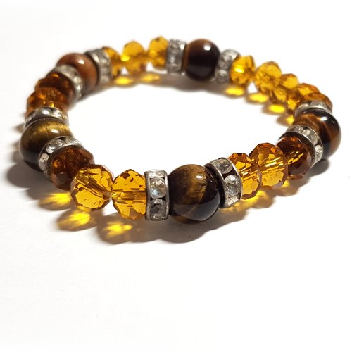 1 bracelet perles en verre ambre, et bois marron, fermeture avec élastique