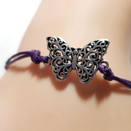 Bracelet en coton ciré violet, connecteur papillon, fermoir, chaîne d’extension en métal argenté clair