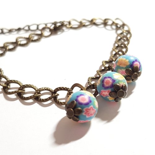 Bracelet perle en fimo fleur multicolore chaîne d’extension, fermoir mousqueton en métal bronze