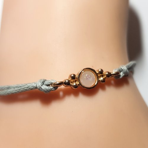 Bracelet en coton ciré gris clair, connecteur , fermoir, chaîne d’extension en métal doré