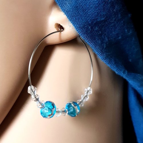 Boucle d'oreille créole, perles en verre, bleu, transparent, argenté, métal acier inoxydable argenté