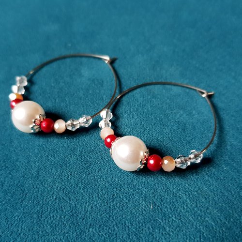 Boucle d'oreille créole, perles en acrylique, blanc, rouge, transparente, métal acier inoxydable argenté