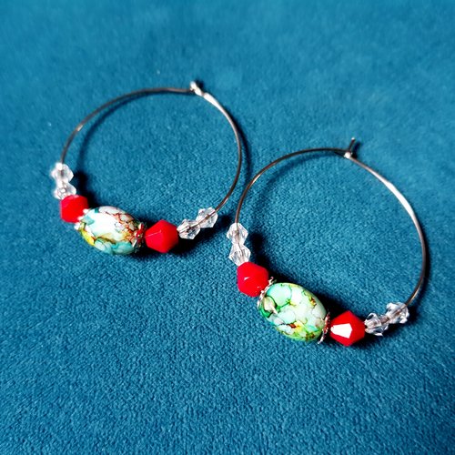 Boucle d'oreille créole, perles en verre ovale, vert, rouge, transparent, métal acier inoxydable argenté