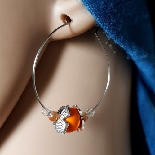 Boucle d'oreille créole, perles en acrylique, orange, transparente, coupelles fleurs, métal acier inoxydable argenté