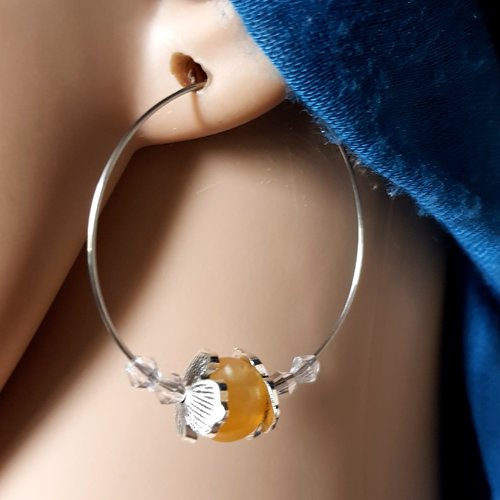 Boucle d'oreille créole, perles en acrylique, jaune, transparente, coupelles fleurs, métal acier inoxydable argenté