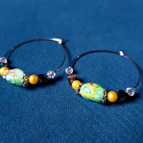 Boucle d'oreille créole, perles en verre ovale, vert, jaune, transparent, métal acier inoxydable argenté