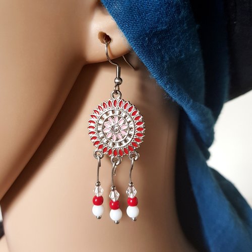 Boucle d'oreille connecteur rond émaillé rouge, blanc, perles en verre, crochet en métal acier inoxydable argenté