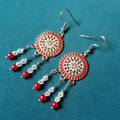 Boucle d'oreille connecteur rond émaillé rouge, blanc, perles en verre transparent , crochet en métal acier inoxydable argenté