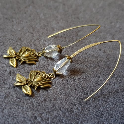 Boucle d'oreille fleurs, perles en verre transparente, métal bronze
