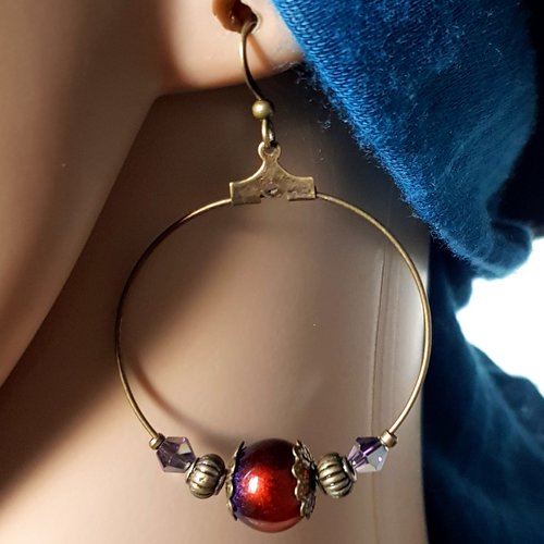 Boucle d'oreille créole, perles en verre violet, orange, métal bronze