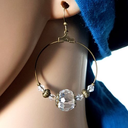 Boucle d'oreille créole, perles en verre transparent, métal bronze