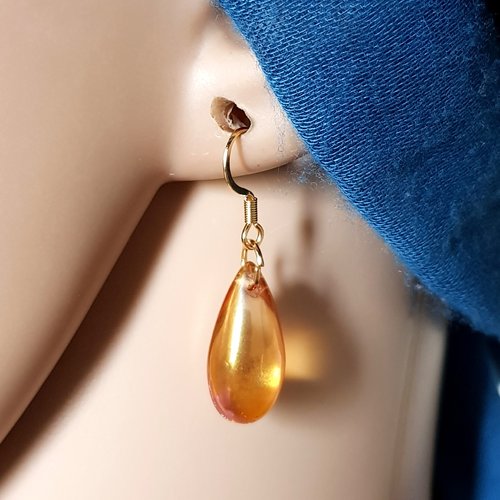 Boucle d'oreille perles goutte en verre orange, crochet en métal acier inoxydable doré