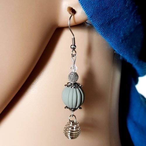 Boucle d'oreille perles à ressort et gris en acrylique, crochet en métal acier inoxydable argenté