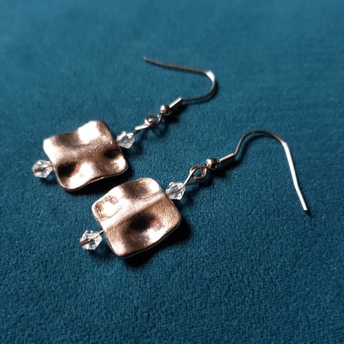 Boucle d'oreille perles carré et en verre transparente, crochet en métal acier inoxydable argenté