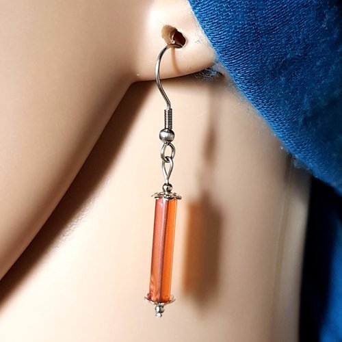 Boucle d'oreille perles triangle orange, crochet en métal acier inoxydable argenté