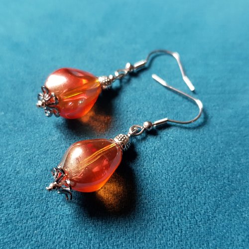 Boucle d'oreille perles orange, transparente avec reflets, crochet en métal acier inoxydable argenté