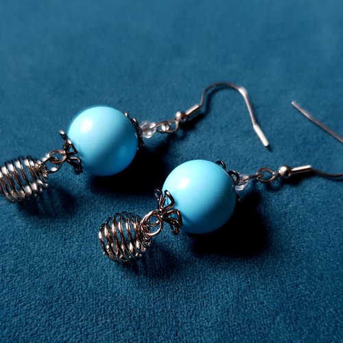 Boucle d'oreille perles à ressort et bleu en acrylique, crochet en métal acier inoxydable argenté