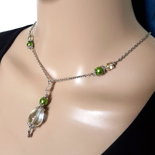 Collier perles en verre et acrylique transparente, verte, fermoir, chaîne en métal acier inoxydable argenté