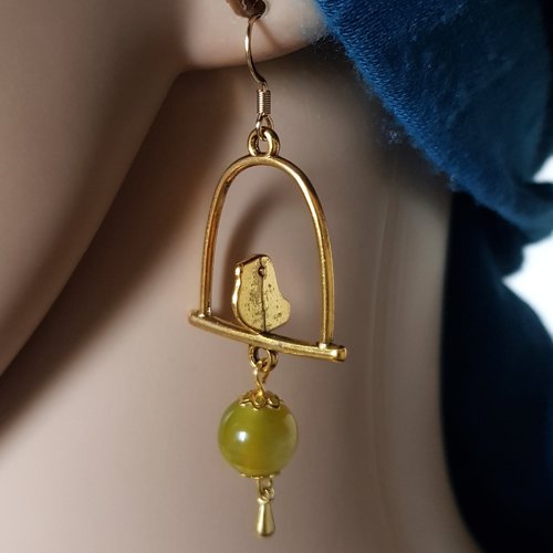 Boucle d'oreille oiseaux, perles en acrylique vert kaki, crochet en métal acier inoxydable doré ancien
