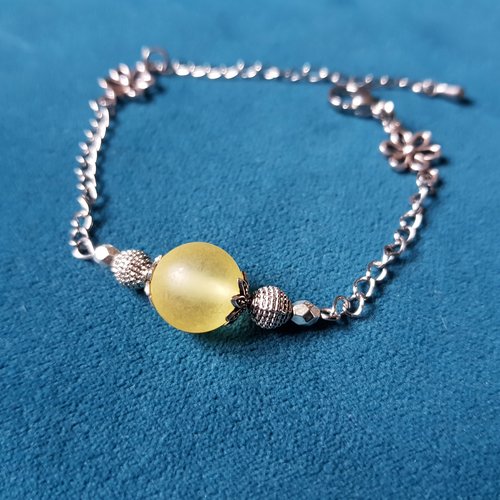 Bracelet fleurs, perle en verre jaune, fermoir mousqueton, chaîne d’extension, métal acier inoxydable argenté