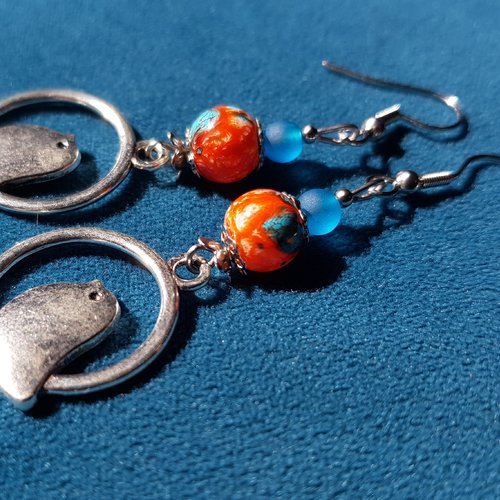 Boucle d'oreille oiseaux, perles  bleu, orange, crochet en métal acier inoxydable argenté