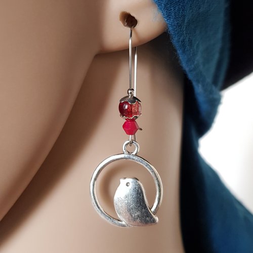 Boucle d'oreille oiseaux, perles rouge, transparente, coupelles, crochet en métal acier inoxydable argenté