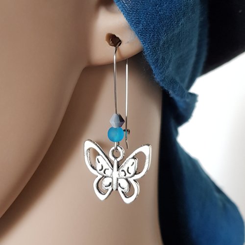 Boucle d'oreille papillon, perles en verre bleu, coupelles, crochet en métal acier inoxydable argenté