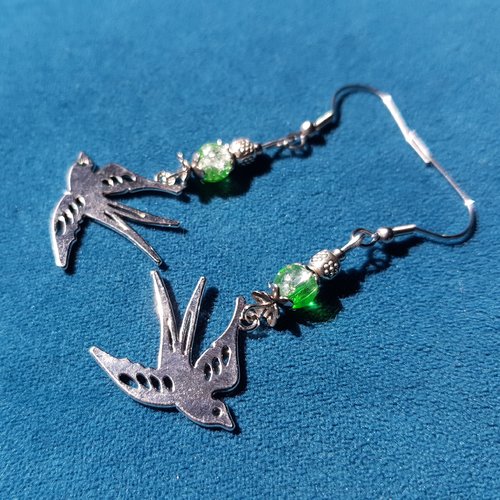 Boucle d'oreille oiseaux, perles en verre, verte, transparente, crochet en métal acier inoxydable argenté
