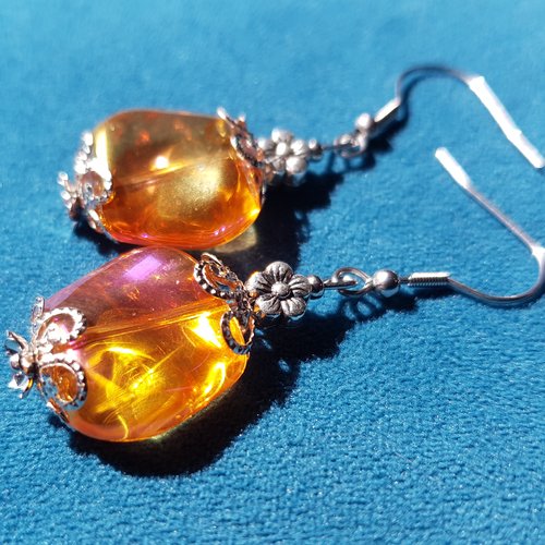 Boucle d'oreille perles en verre orange transparent, coupelles, fleurs, crochet en métal acier inoxydable argenté