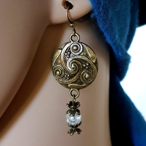 Boucle d'oreille connecteur, perles en verre transparent, coupelles, crochets en métal bronze