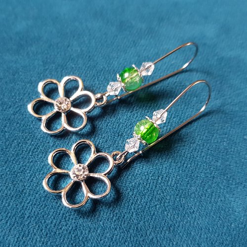 Boucle d'oreille fleur avec strass, perles en verre verte, transparente, crochet en métal acier inoxydable argenté