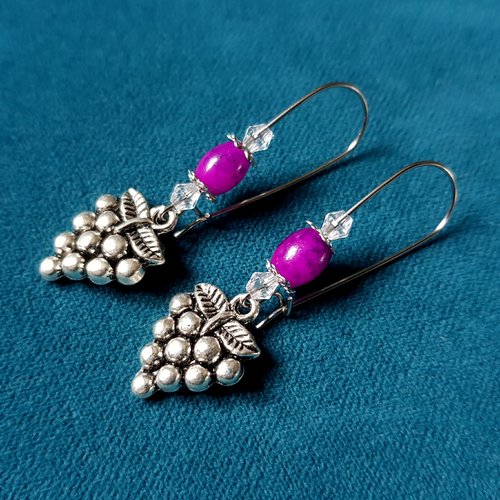 Boucle d'oreille grappe de raison, perles en verre violet, transparent, crochet en métal acier inoxydable argenté