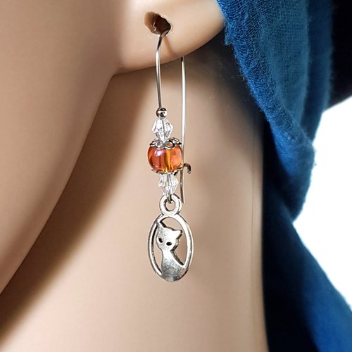 Boucle d'oreille chat, perles en verre orange transparente, crochet en métal acier inoxydable argenté