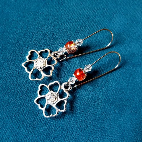Boucle d'oreille fleur avec strass, perles en verre orange, transparente, crochet en métal acier inoxydable argenté