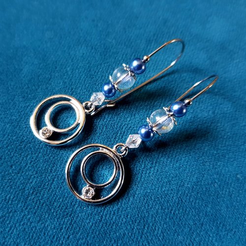 Boucle d'oreille cercle avec strass, perles en verre bleu, transparente, crochet en métal acier inoxydable argenté