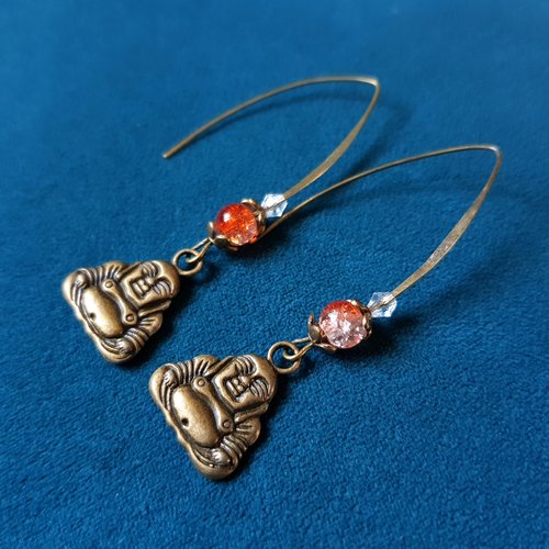 Boucle d'oreille bouddha, perles en verre orange, transparente, coupelles, crochets en métal bronze